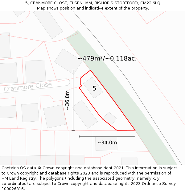 5, CRANMORE CLOSE, ELSENHAM, BISHOP'S STORTFORD, CM22 6LQ: Plot and title map
