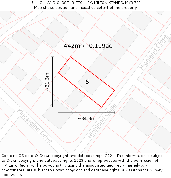 5, HIGHLAND CLOSE, BLETCHLEY, MILTON KEYNES, MK3 7PF: Plot and title map