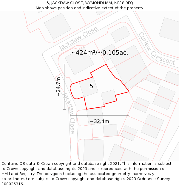5, JACKDAW CLOSE, WYMONDHAM, NR18 9FQ: Plot and title map