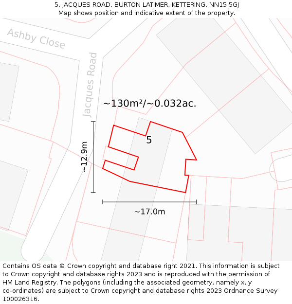 5, JACQUES ROAD, BURTON LATIMER, KETTERING, NN15 5GJ: Plot and title map