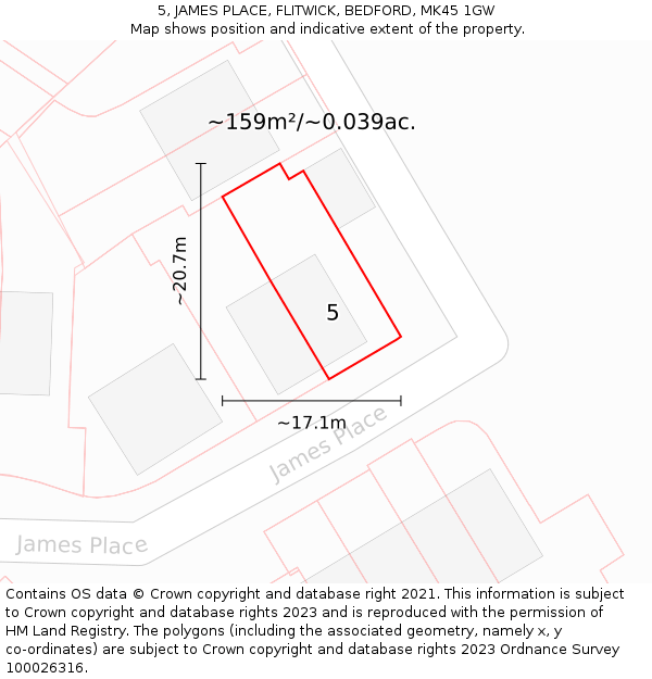 5, JAMES PLACE, FLITWICK, BEDFORD, MK45 1GW: Plot and title map