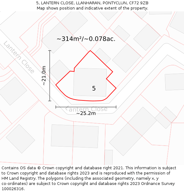 5, LANTERN CLOSE, LLANHARAN, PONTYCLUN, CF72 9ZB: Plot and title map