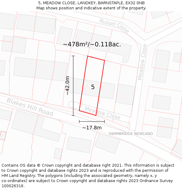5, MEADOW CLOSE, LANDKEY, BARNSTAPLE, EX32 0NB: Plot and title map