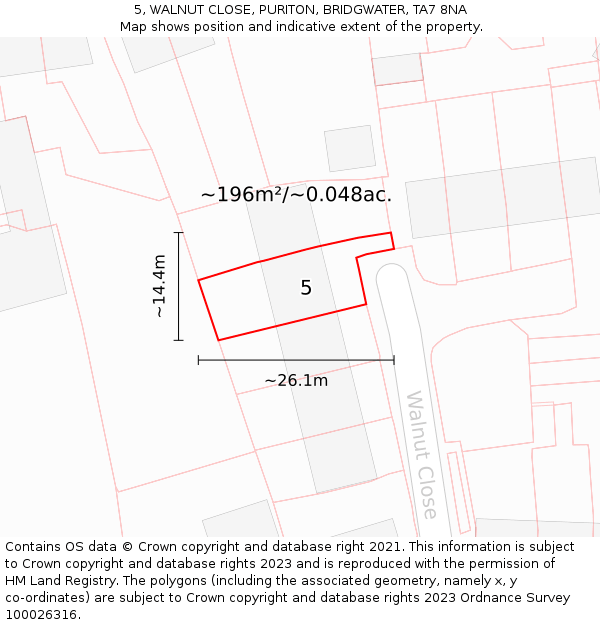 5, WALNUT CLOSE, PURITON, BRIDGWATER, TA7 8NA: Plot and title map