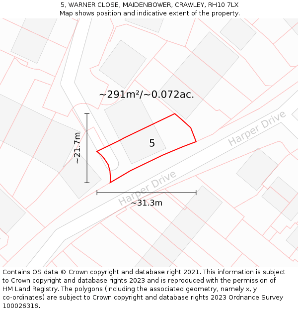 5, WARNER CLOSE, MAIDENBOWER, CRAWLEY, RH10 7LX: Plot and title map
