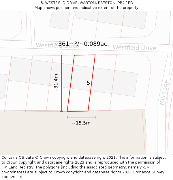 5, WESTFIELD DRIVE, WARTON, PRESTON, PR4 1ED: Plot and title map