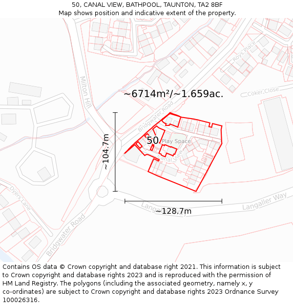 50, CANAL VIEW, BATHPOOL, TAUNTON, TA2 8BF: Plot and title map