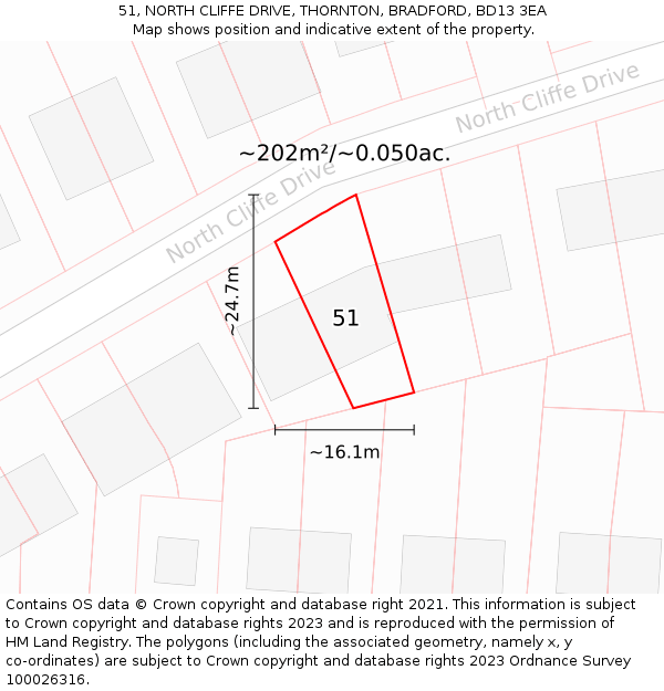 51, NORTH CLIFFE DRIVE, THORNTON, BRADFORD, BD13 3EA: Plot and title map