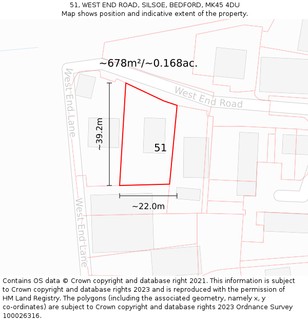 51, WEST END ROAD, SILSOE, BEDFORD, MK45 4DU: Plot and title map