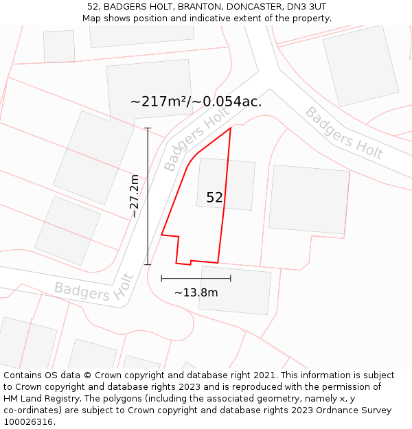 52, BADGERS HOLT, BRANTON, DONCASTER, DN3 3UT: Plot and title map