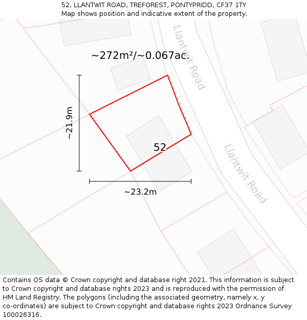 52, LLANTWIT ROAD, TREFOREST, PONTYPRIDD, CF37 1TY: Plot and title map