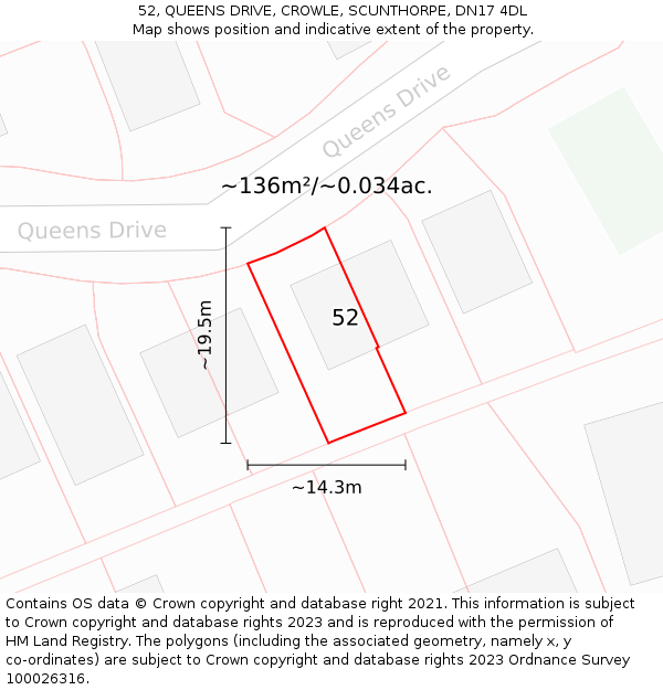 52, QUEENS DRIVE, CROWLE, SCUNTHORPE, DN17 4DL: Plot and title map
