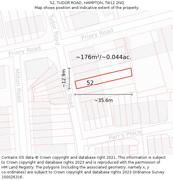 52, TUDOR ROAD, HAMPTON, TW12 2NQ: Plot and title map