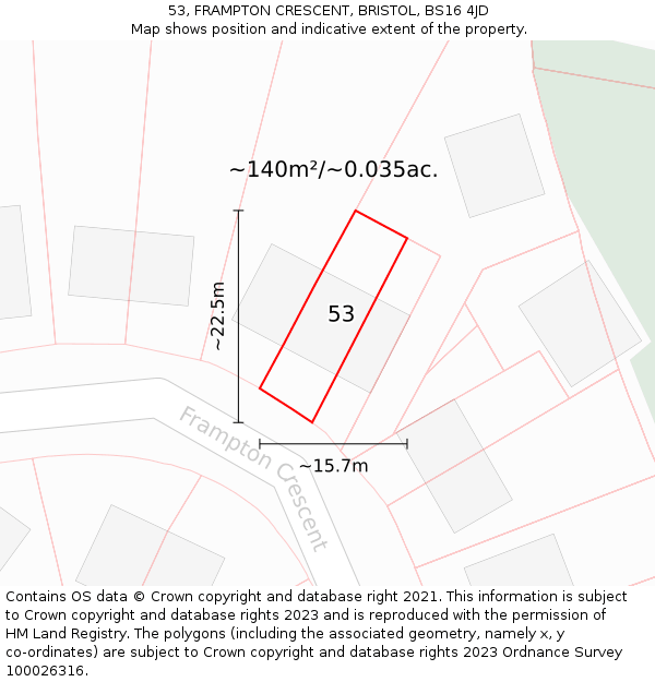 53, FRAMPTON CRESCENT, BRISTOL, BS16 4JD: Plot and title map