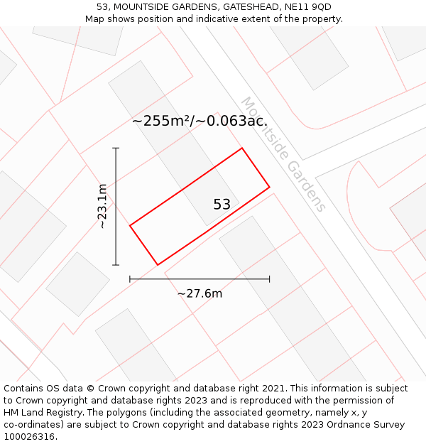 53, MOUNTSIDE GARDENS, GATESHEAD, NE11 9QD: Plot and title map