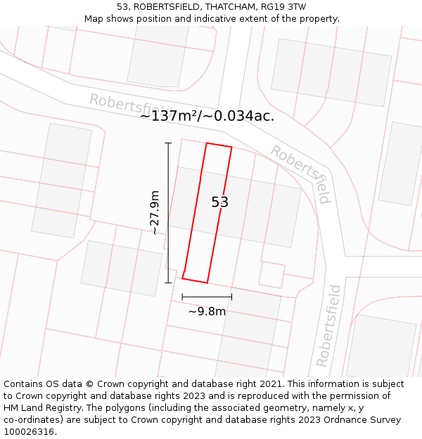 53, ROBERTSFIELD, THATCHAM, RG19 3TW: Plot and title map