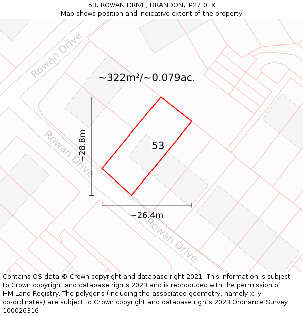 53, ROWAN DRIVE, BRANDON, IP27 0EX: Plot and title map