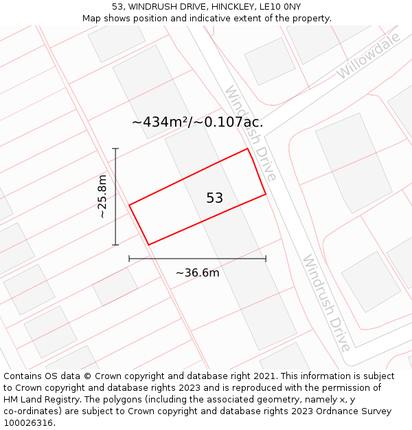 53, WINDRUSH DRIVE, HINCKLEY, LE10 0NY: Plot and title map