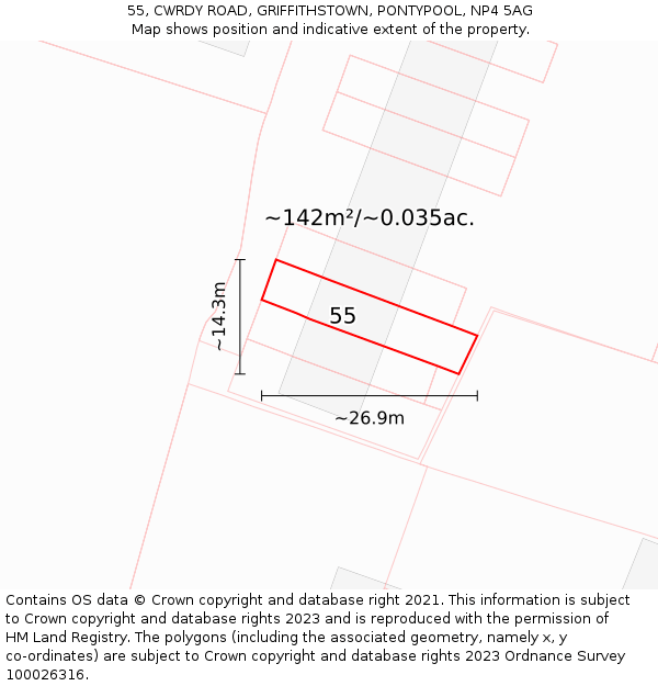 55, CWRDY ROAD, GRIFFITHSTOWN, PONTYPOOL, NP4 5AG: Plot and title map