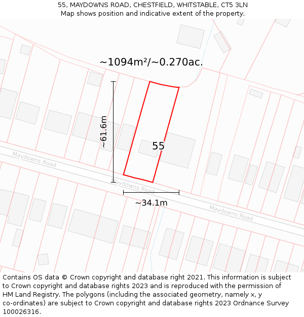 55, MAYDOWNS ROAD, CHESTFIELD, WHITSTABLE, CT5 3LN: Plot and title map