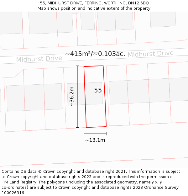 55, MIDHURST DRIVE, FERRING, WORTHING, BN12 5BQ: Plot and title map