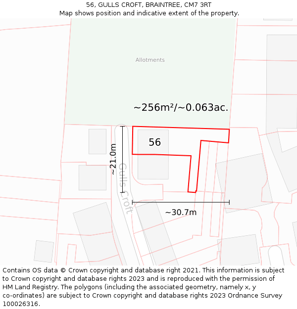 56, GULLS CROFT, BRAINTREE, CM7 3RT: Plot and title map