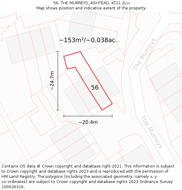 56, THE MURREYS, ASHTEAD, KT21 2LU: Plot and title map