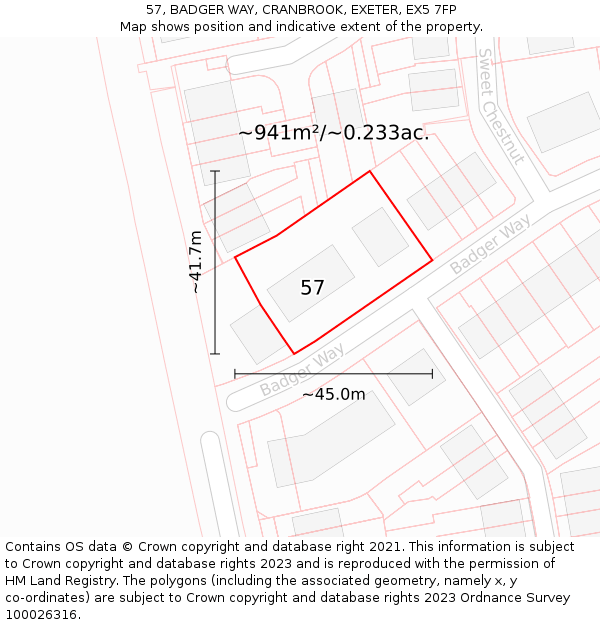 57, BADGER WAY, CRANBROOK, EXETER, EX5 7FP: Plot and title map