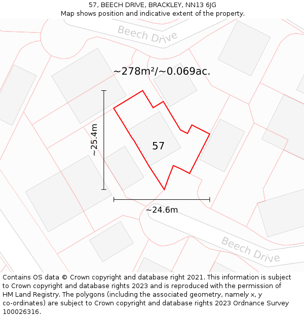 57, BEECH DRIVE, BRACKLEY, NN13 6JG: Plot and title map