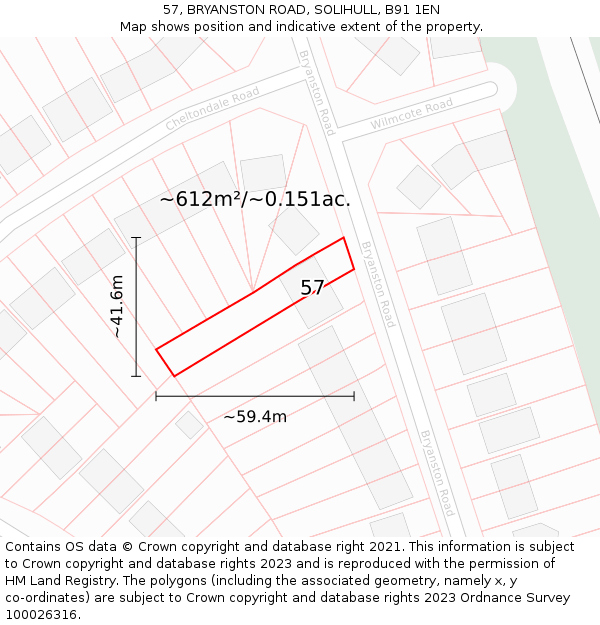 57, BRYANSTON ROAD, SOLIHULL, B91 1EN: Plot and title map