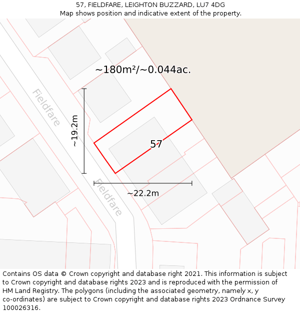 57, FIELDFARE, LEIGHTON BUZZARD, LU7 4DG: Plot and title map