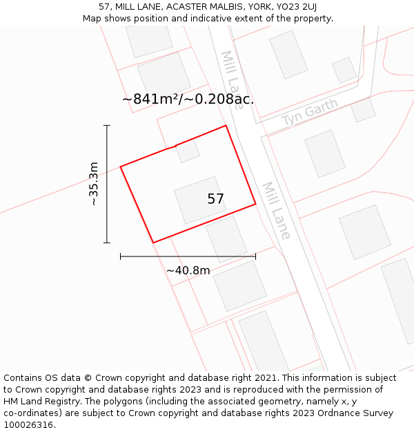 57, MILL LANE, ACASTER MALBIS, YORK, YO23 2UJ: Plot and title map