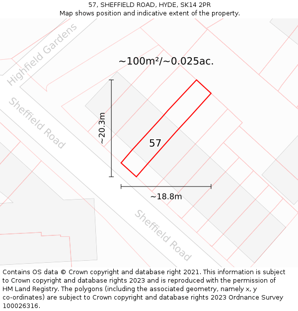 57, SHEFFIELD ROAD, HYDE, SK14 2PR: Plot and title map