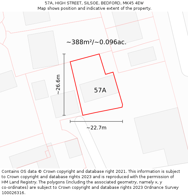 57A, HIGH STREET, SILSOE, BEDFORD, MK45 4EW: Plot and title map