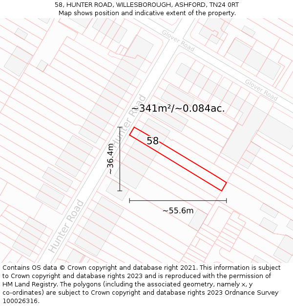 58, HUNTER ROAD, WILLESBOROUGH, ASHFORD, TN24 0RT: Plot and title map
