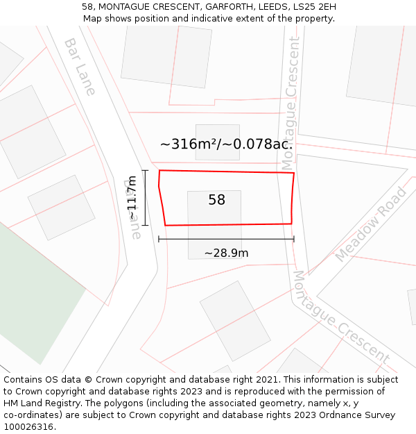 58, MONTAGUE CRESCENT, GARFORTH, LEEDS, LS25 2EH: Plot and title map