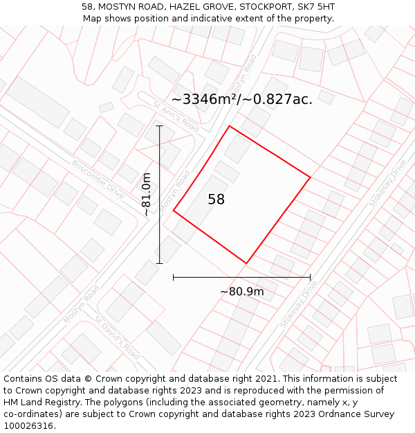 58, MOSTYN ROAD, HAZEL GROVE, STOCKPORT, SK7 5HT: Plot and title map