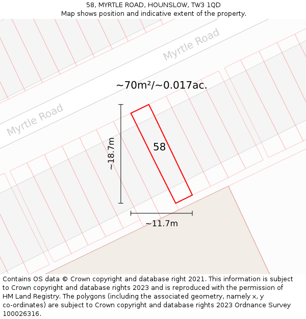58, MYRTLE ROAD, HOUNSLOW, TW3 1QD: Plot and title map