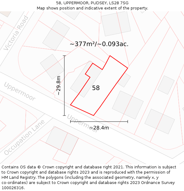 58, UPPERMOOR, PUDSEY, LS28 7SG: Plot and title map