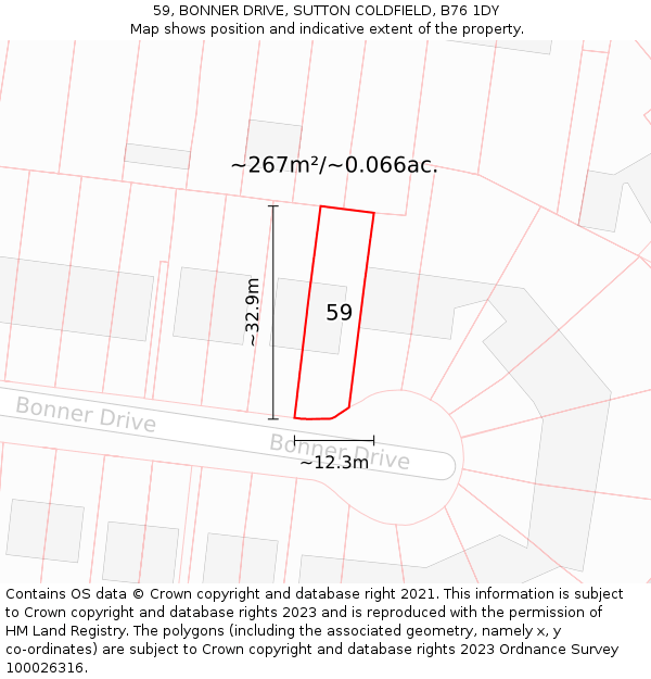 59, BONNER DRIVE, SUTTON COLDFIELD, B76 1DY: Plot and title map