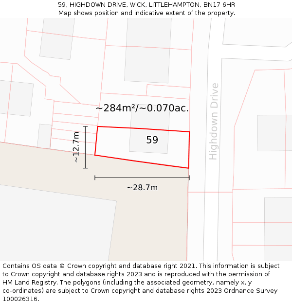 59, HIGHDOWN DRIVE, WICK, LITTLEHAMPTON, BN17 6HR: Plot and title map