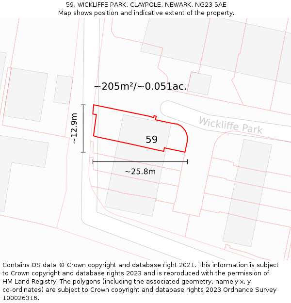 59, WICKLIFFE PARK, CLAYPOLE, NEWARK, NG23 5AE: Plot and title map