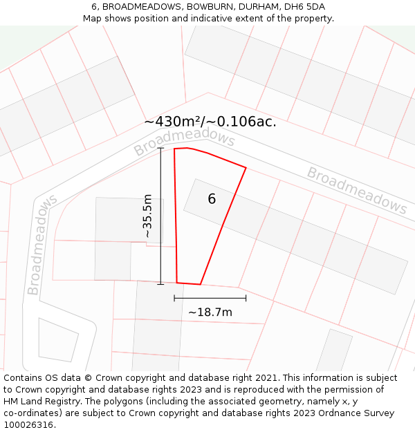 6, BROADMEADOWS, BOWBURN, DURHAM, DH6 5DA: Plot and title map