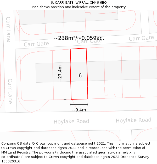 6, CARR GATE, WIRRAL, CH46 6EQ: Plot and title map