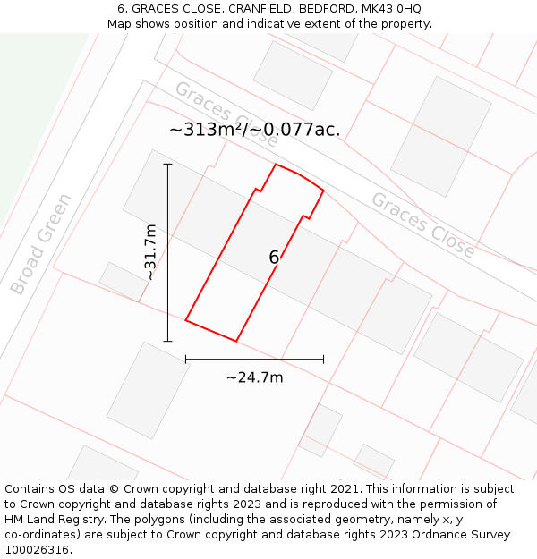 6, GRACES CLOSE, CRANFIELD, BEDFORD, MK43 0HQ: Plot and title map