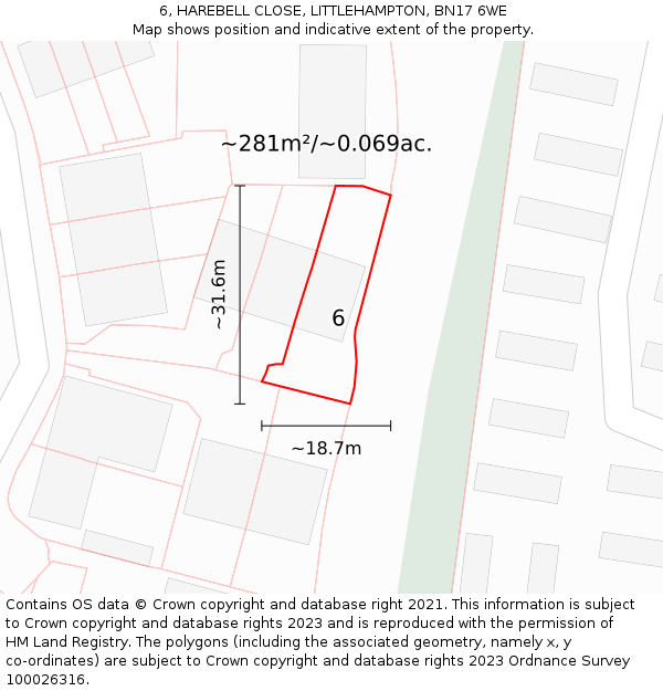 6, HAREBELL CLOSE, LITTLEHAMPTON, BN17 6WE: Plot and title map