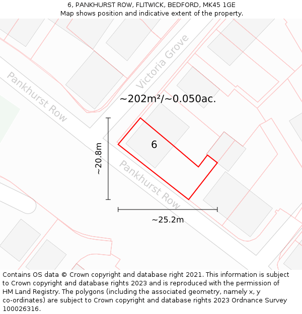 6, PANKHURST ROW, FLITWICK, BEDFORD, MK45 1GE: Plot and title map
