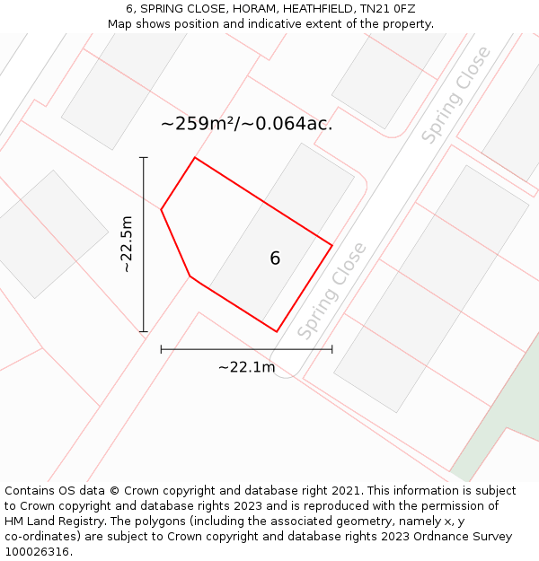 6, SPRING CLOSE, HORAM, HEATHFIELD, TN21 0FZ: Plot and title map