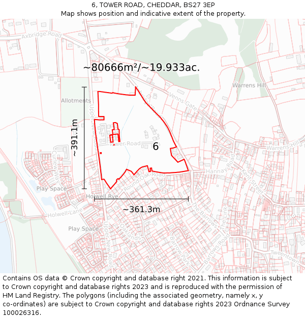 6, TOWER ROAD, CHEDDAR, BS27 3EP: Plot and title map
