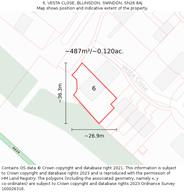 6, VESTA CLOSE, BLUNSDON, SWINDON, SN26 8AJ: Plot and title map